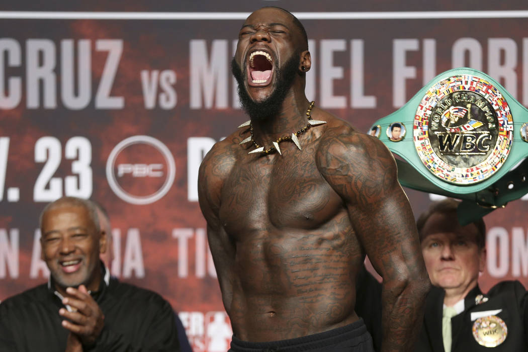 Deontay Wilder yells during a weigh-in at the MGM Grand Garden Arena in Las Vegas, Friday, Nov. ...
