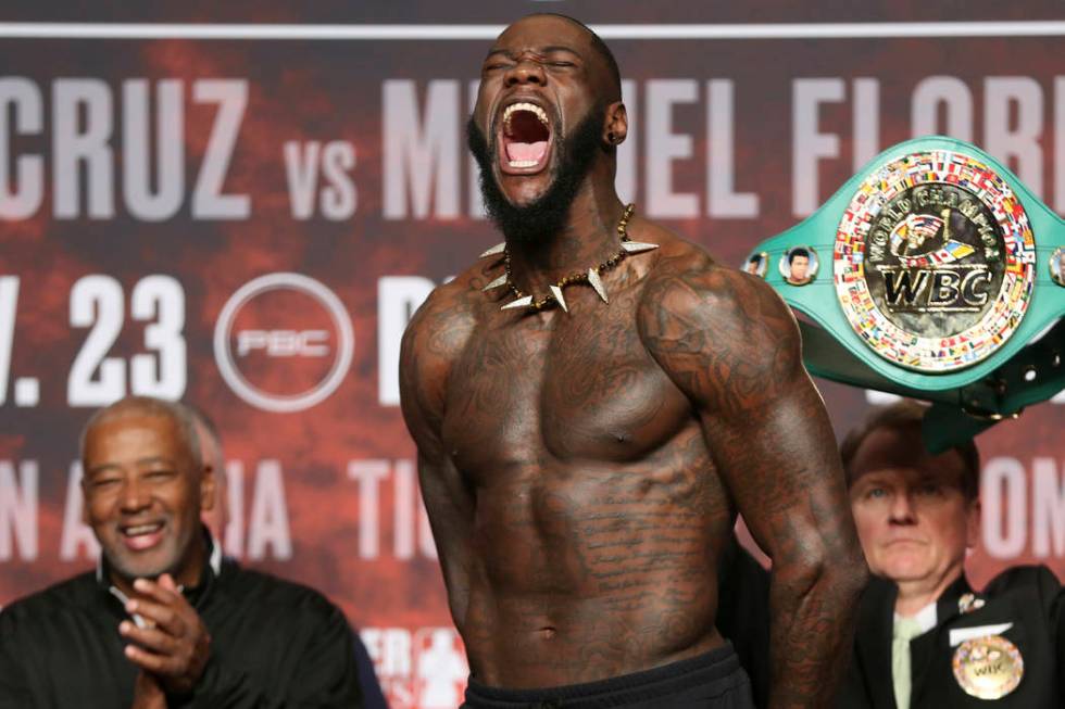 Deontay Wilder yells during a weigh-in at the MGM Grand Garden Arena in Las Vegas, Friday, Nov. ...