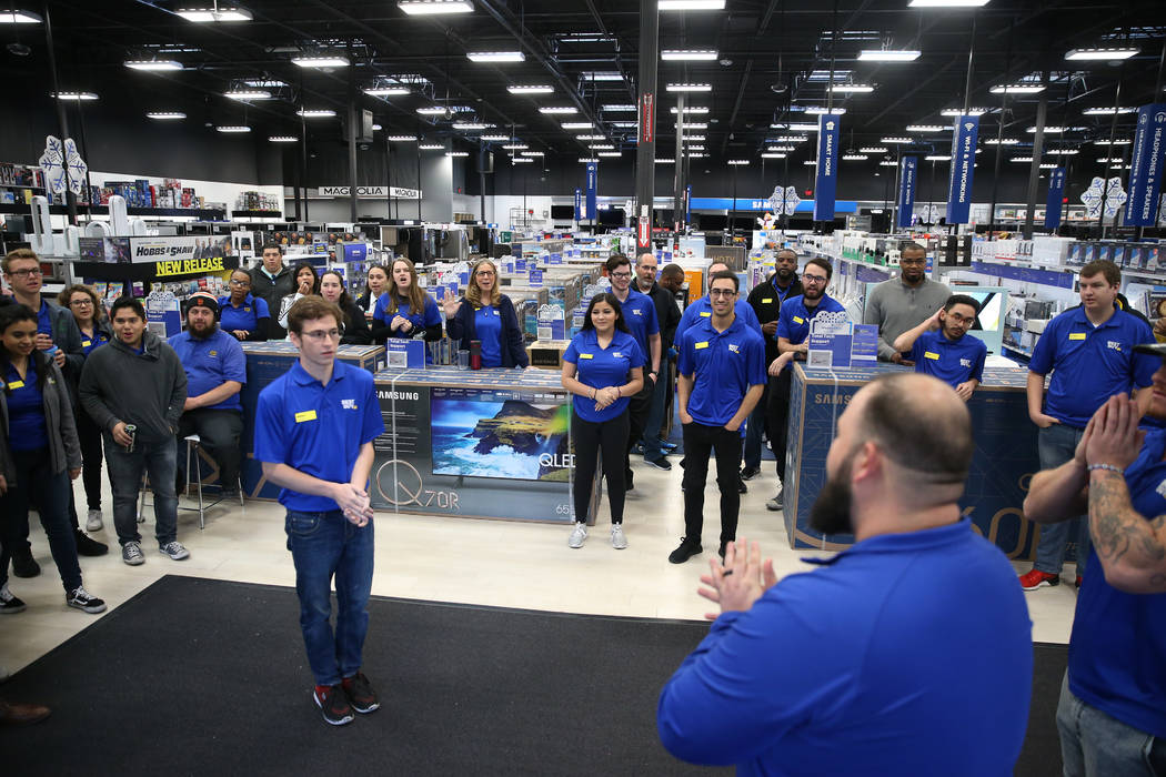 Best Buy employee prepare for Black Friday during an event lead by General Manager Anthony Saun ...