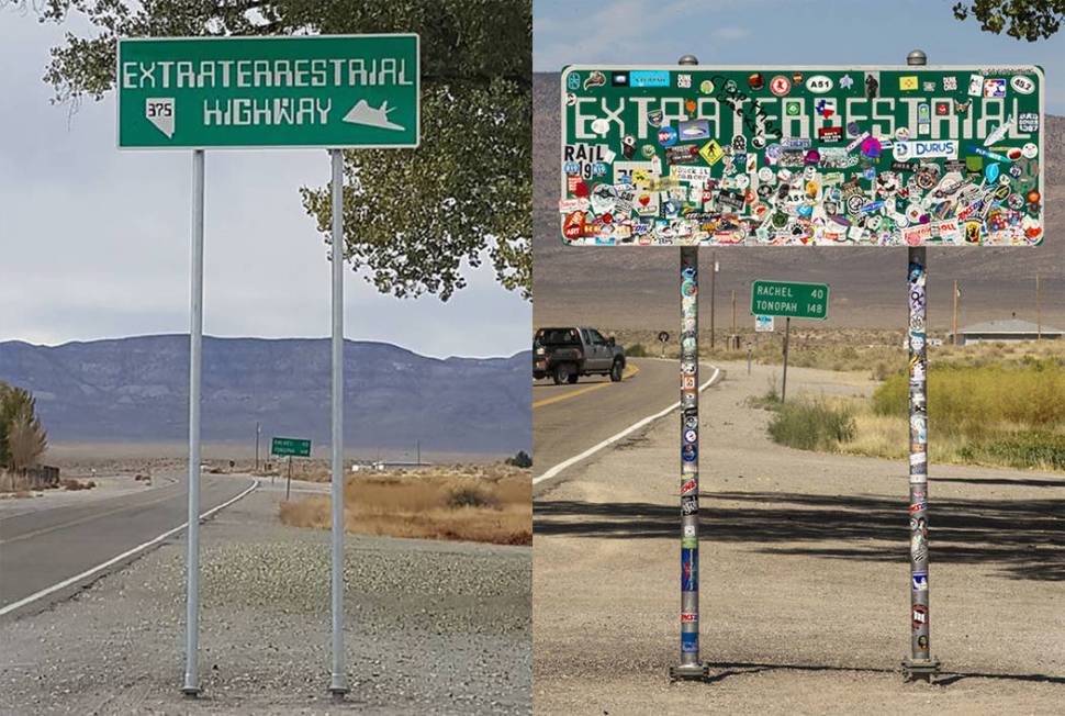 A new version of the "Extraterrestrial Highway" sign, left, at the junction of state Routes 318 ...