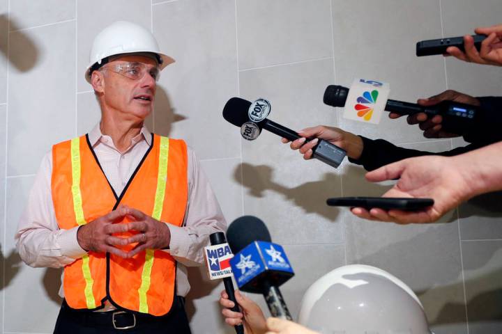 Baseball Commissioner Rob Manfred speaks to the media during a tour of the under construction n ...