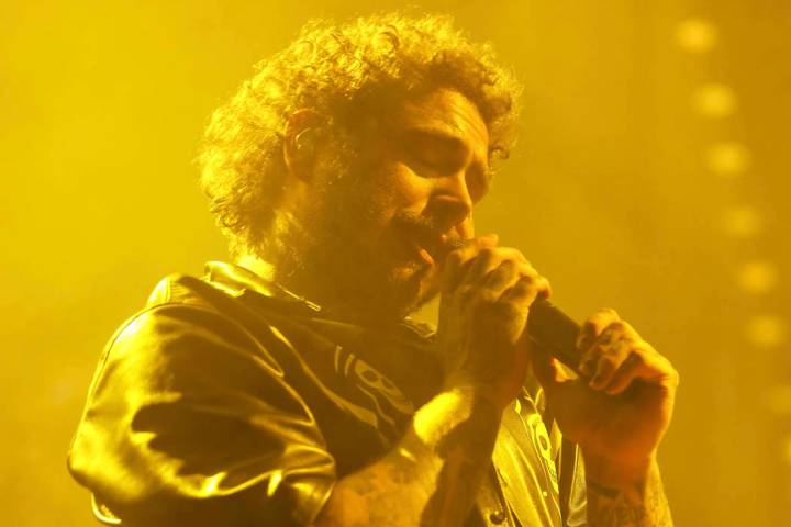 Post Malone performs during his Runaway tour at the Forum on Wednesday, Nov. 20, 2019 in Inglew ...