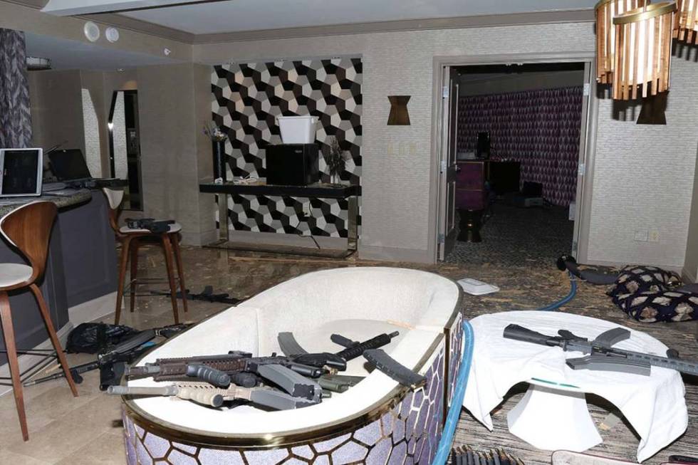 Guns are shown in the Mandalay Bay suite of Stephen Paddock after the Oct. 1, 2017, mass shooti ...