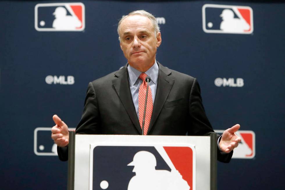 Baseball commissioner Rob Manfred speaks to the media at the owners meeting in Arlington, Texas ...