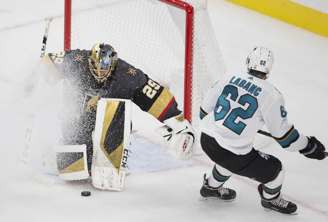 Vegas Golden Knights goaltender Marc-Andre Fleury (29) makes a save against San Jose Sharks rig ...