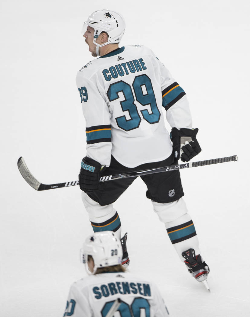 San Jose Sharks center Logan Couture (39) celebrates after scoring the winning goal in overtime ...