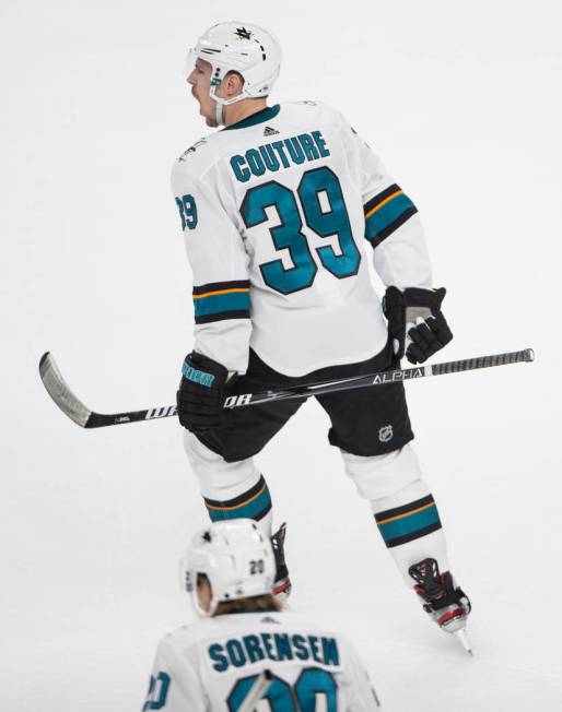 San Jose Sharks center Logan Couture (39) celebrates after scoring the winning goal in overtime ...