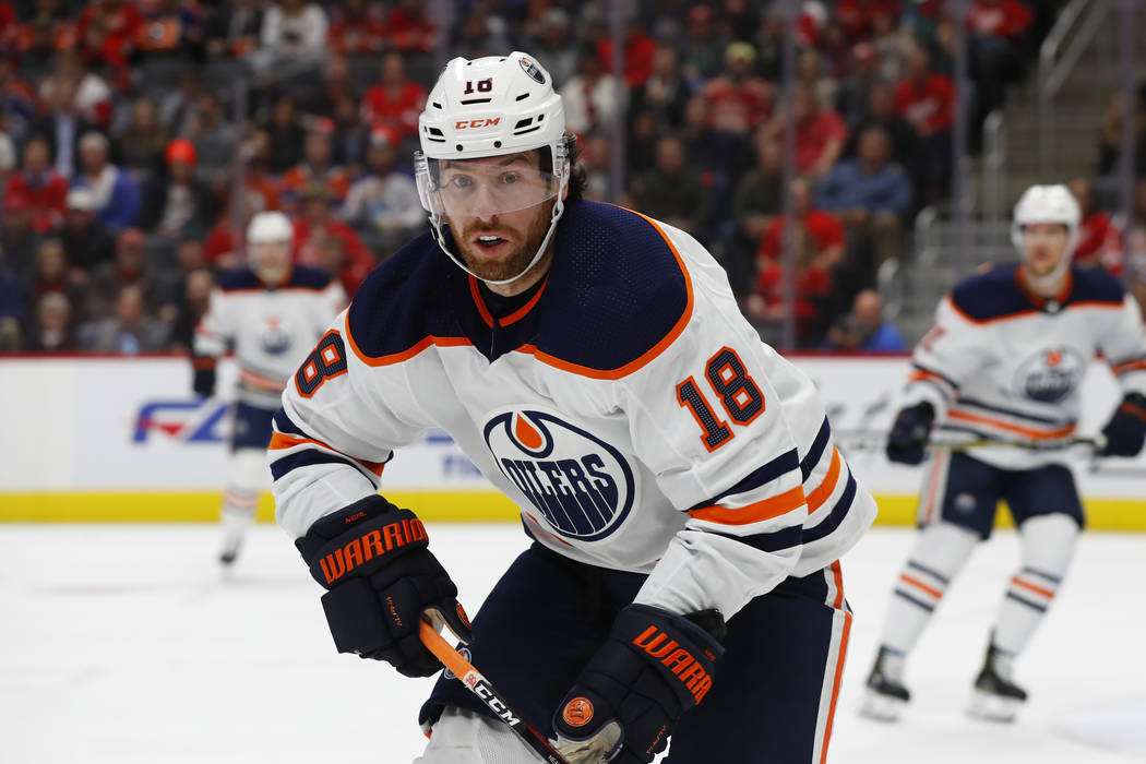 Edmonton Oilers left wing James Neal plays against the Detroit Red Wings in the second period o ...