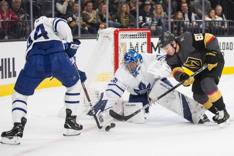 Vegas Golden Knights center Jonathan Marchessault (81) shoots on Toronto Maple Leafs goaltender ...