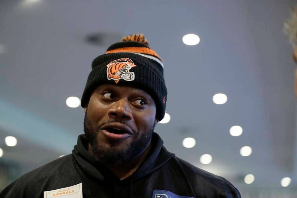 Cincinnati Bengals' linebacker Preston Brown speaks to journalists after an NFL practice sessio ...