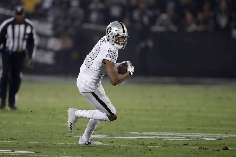 Oakland Raiders wide receiver Zay Jones (12) runs against the Los Angeles Chargers during the f ...