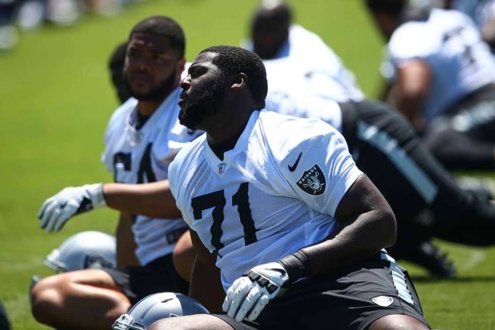 Oakland Raiders' David Sharpe (71) warms up during day two of a mini-camp at the Raiders headqu ...