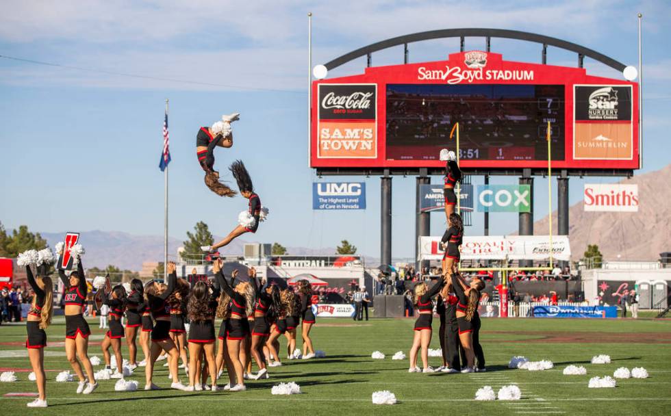 The UNLV cheerleaders perform for the crowd while the team battles the San Jose State Spartans ...