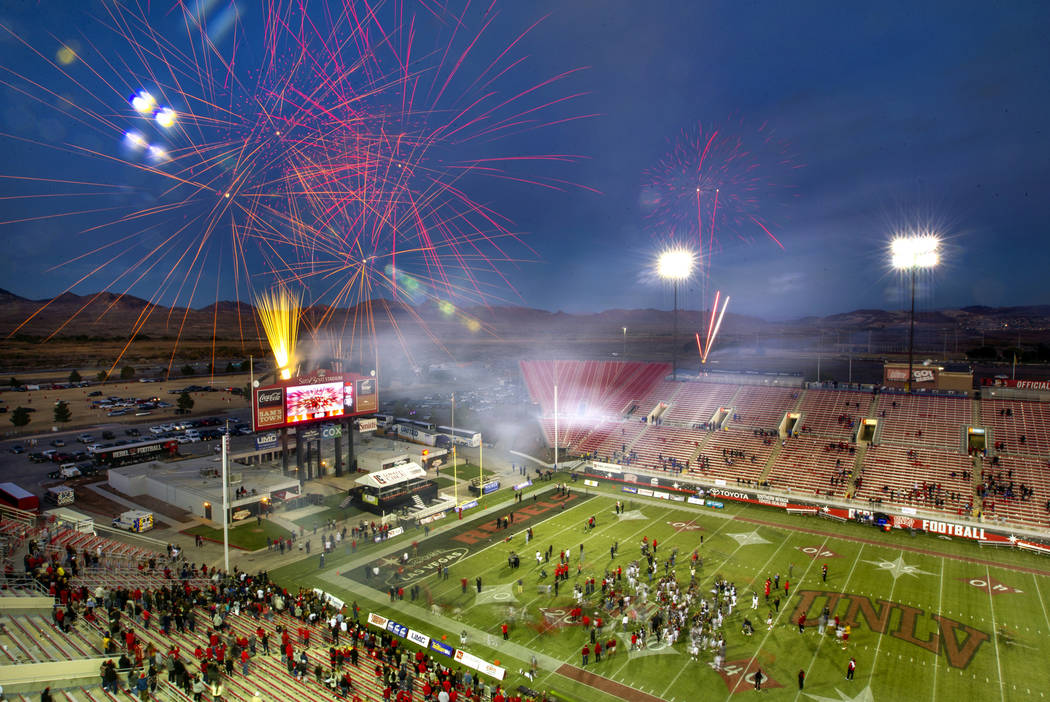 Fireworks erupt above Sam Boyd Stadium following the final game there as the UNLV Rebels defeat ...