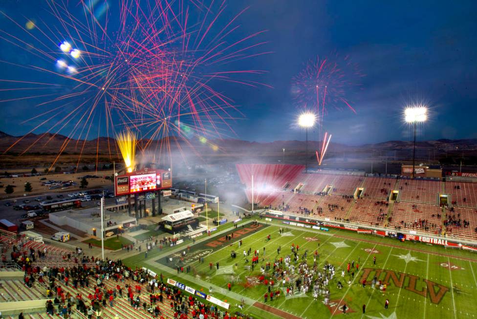 Fireworks erupt above Sam Boyd Stadium following the final game there as the UNLV Rebels defeat ...