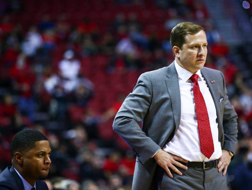 UNLV head coach T.J. Otzelberger looks on during the second half of a basketball game against S ...