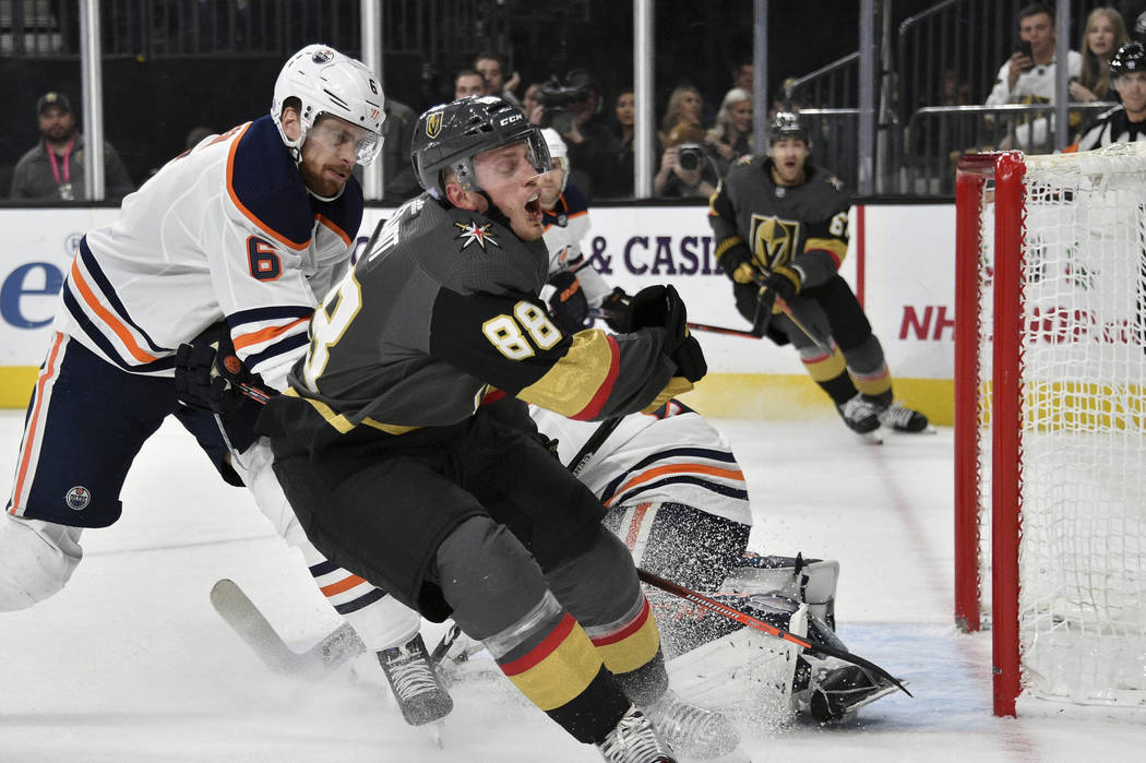 Vegas Golden Knights defenseman Nate Schmidt (88) reacts after a shot on goal against the Edmon ...