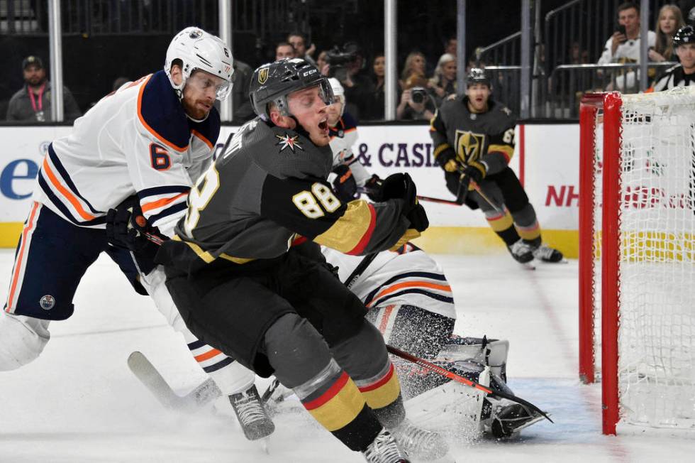 Vegas Golden Knights defenseman Nate Schmidt (88) reacts after a shot on goal against the Edmon ...