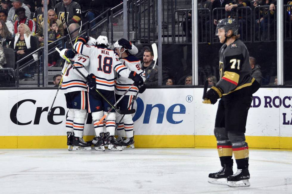 Edmonton Oilers defenseman Oscar Klefbom (77), left wing James Neal (18) and center Gaetan Haas ...