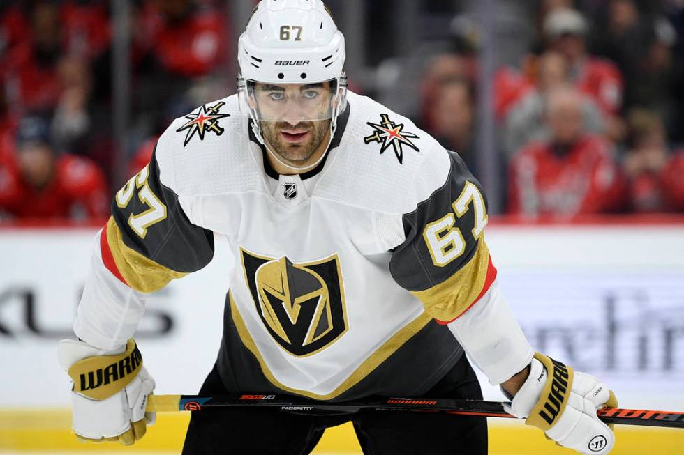 Vegas Golden Knights left wing Max Pacioretty (67) stands on the ice during the first period of ...