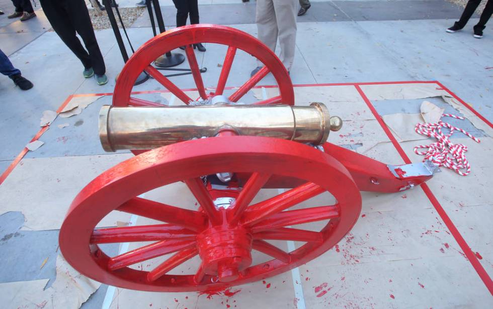 The Fremont Cannon is displayed after being painted red outside of the Student Union at UNLV on ...