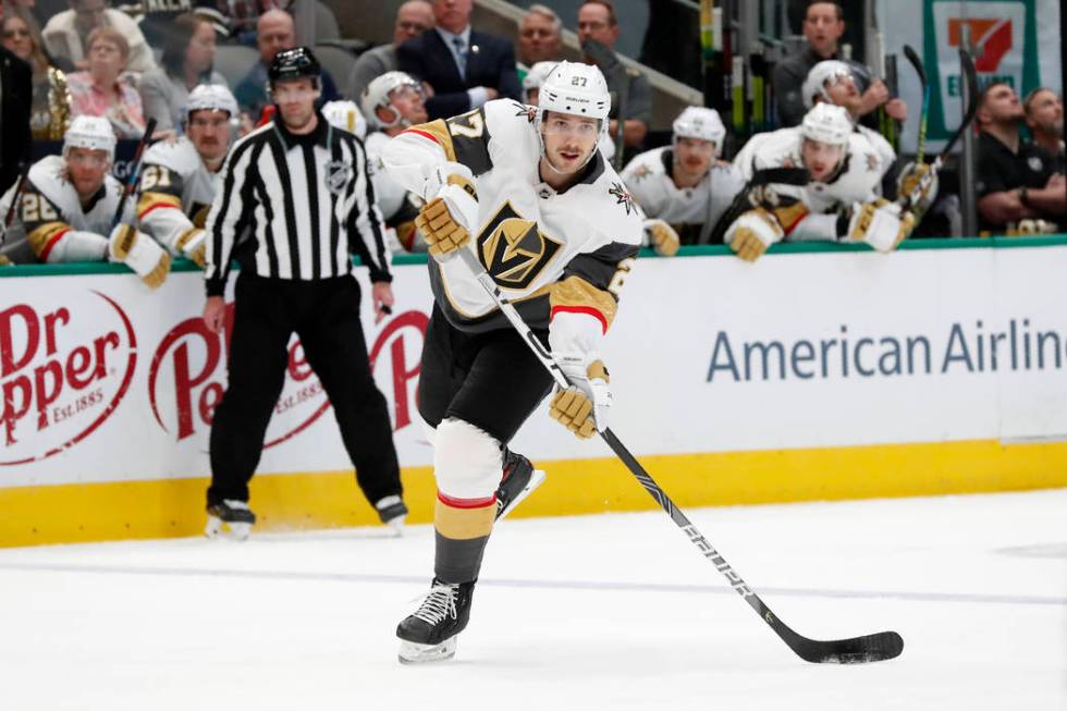 Vegas Golden Knights defenseman Shea Theodore makes a pass in the second period of an NHL hocke ...