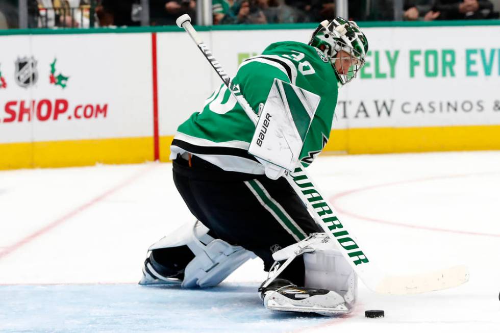 Dallas Stars goaltender Ben Bishop blocks a shot from the Vegas Golden Knights in the second pe ...