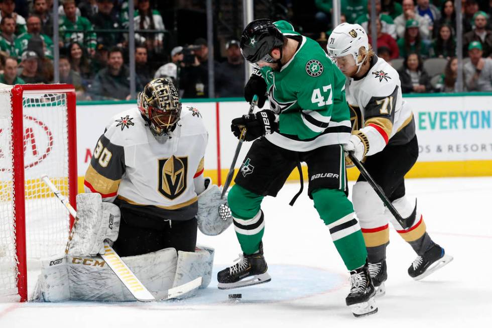 Vegas Golden Knights goaltender Malcolm Subban (30) and center William Karlsson (71) defend aga ...