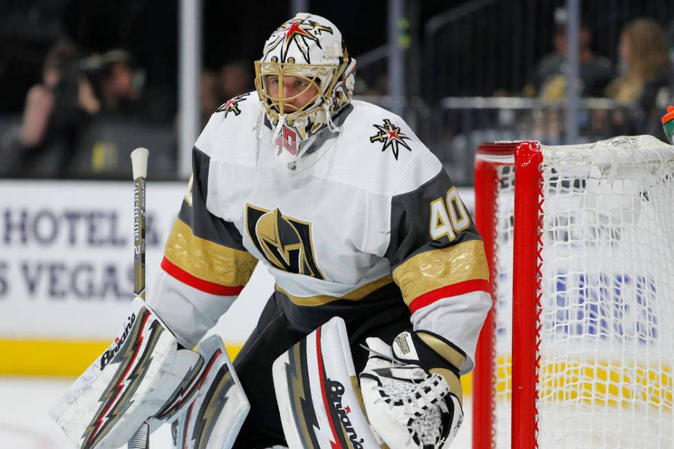 Vegas Golden Knights goaltender Garret Sparks (40) plays against the Colorado Avalanche during ...