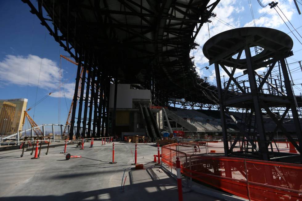 Contruction of the Al Davis memorial torch at the Raiders Allegiant Stadium site in Las Vegas, ...