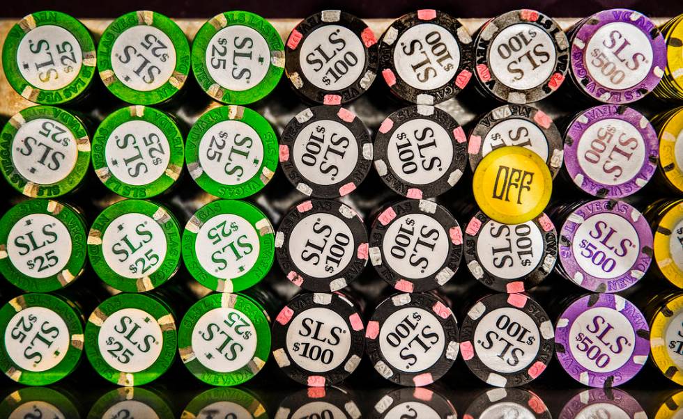 This May 30, 2019, file photo shows stacks of chip on the craps table at SLS Las Vegas in Las V ...