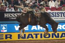 Will Lowe of Canyon, Texas (120) competes in the bareback riding event during the eighth go-rou ...
