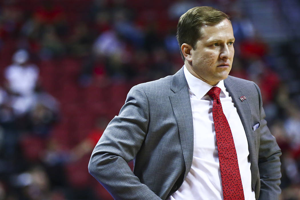 UNLV head coach T.J. Otzelberger looks on during the second half of a basketball game against S ...