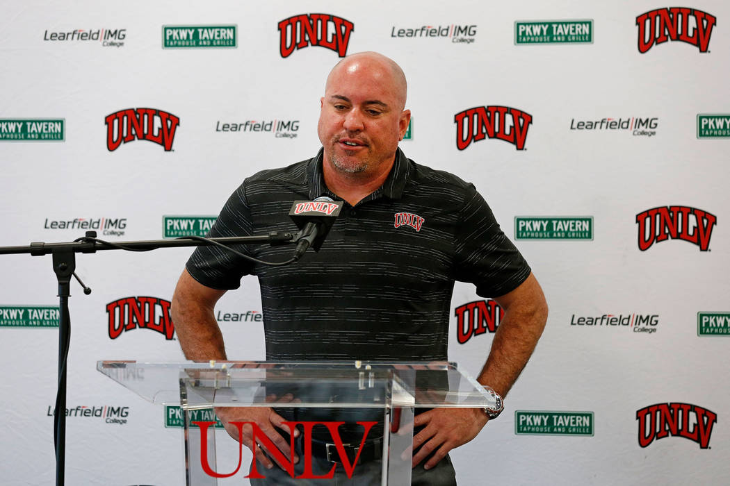 UNLV football head coach Tony Sanchez speaks during a news conference about his departure at UN ...