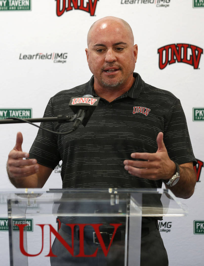 UNLV football head coach Tony Sanchez speaks about his departure during a news conference at UN ...