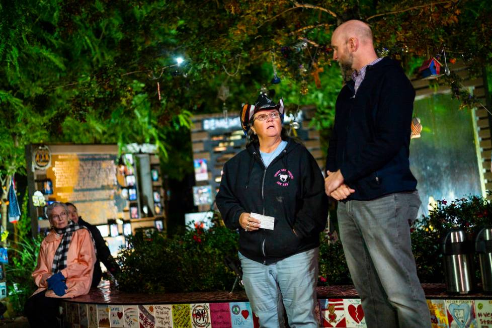 Oct. 1 survivor Sue Ann Cornwell, center, speaks alongside Aaron Leifheit, program director for ...