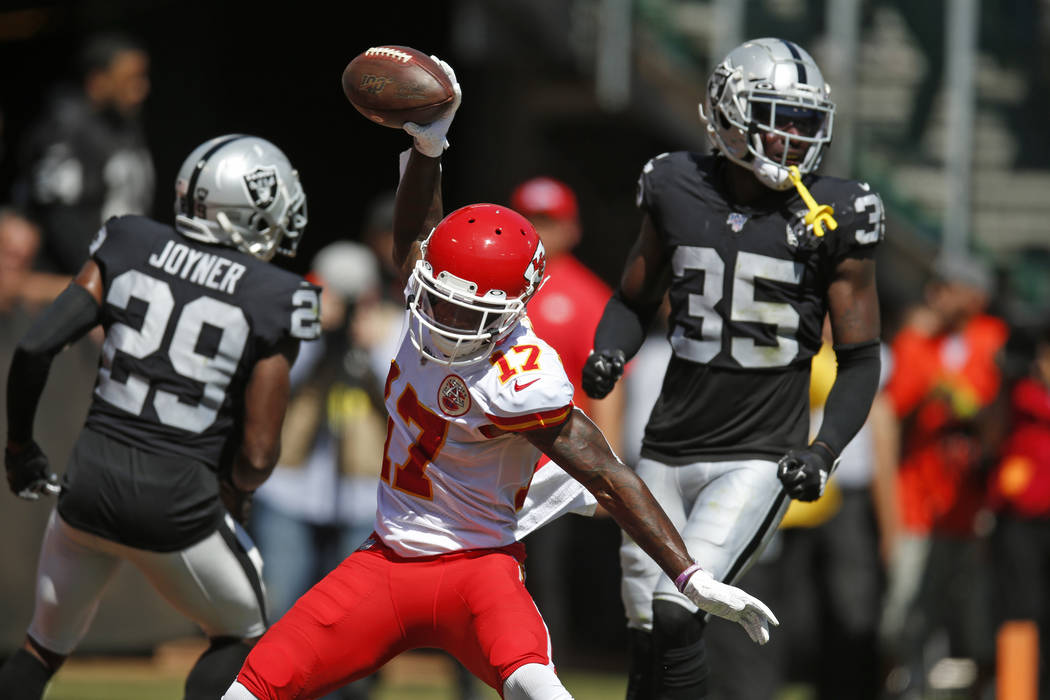 Kansas City Chiefs wide receiver Mecole Hardman (17) celebrates after scoring a touchdown durin ...