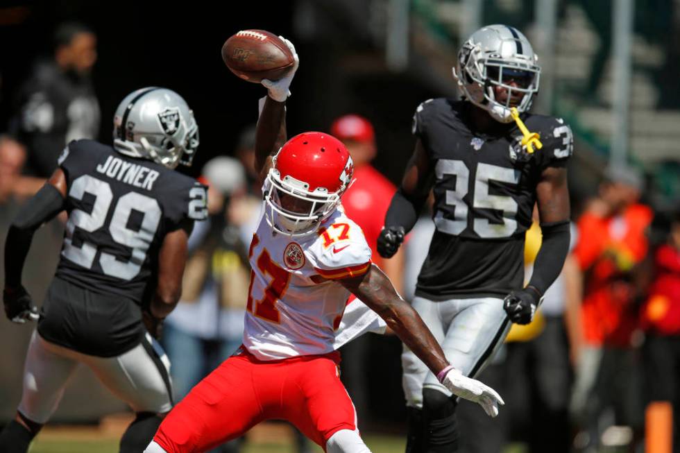 Kansas City Chiefs wide receiver Mecole Hardman (17) celebrates after scoring a touchdown durin ...