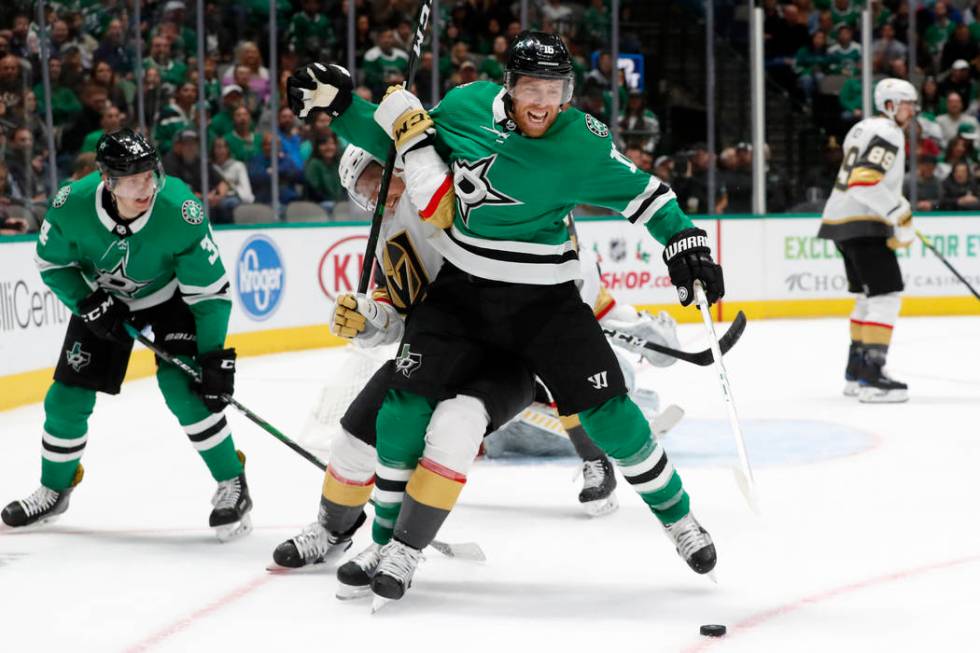 Dallas Stars center Joe Pavelski (16) and Vegas Golden Knights center Cody Eakin, center left, ...