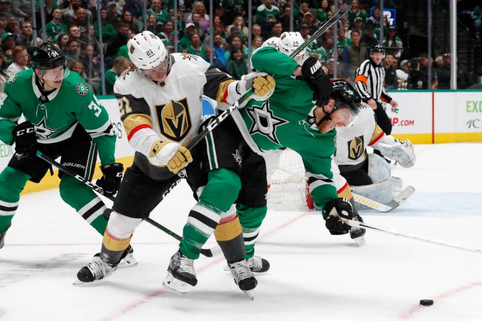 Dallas Stars center Joe Pavelski (16) and Vegas Golden Knights center Cody Eakin, center left, ...