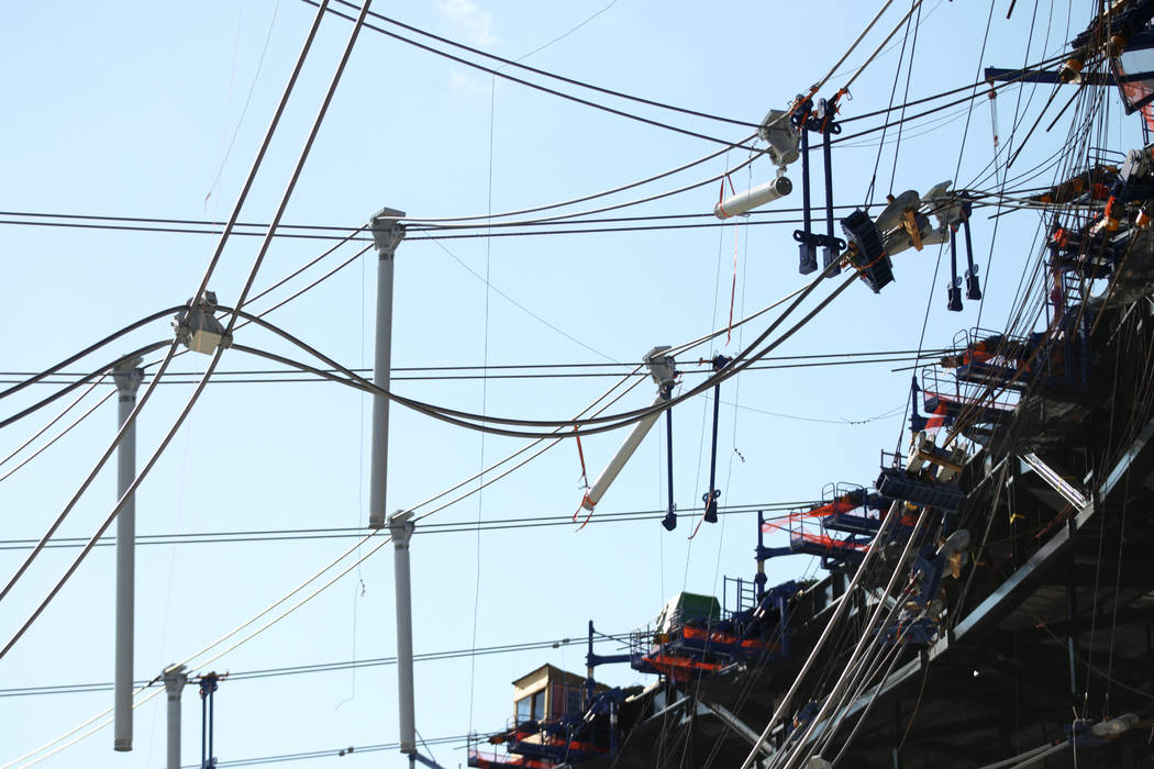 The cable net system at the Raiders Allegiant Stadium construction site in Las Vegas, Monday, N ...