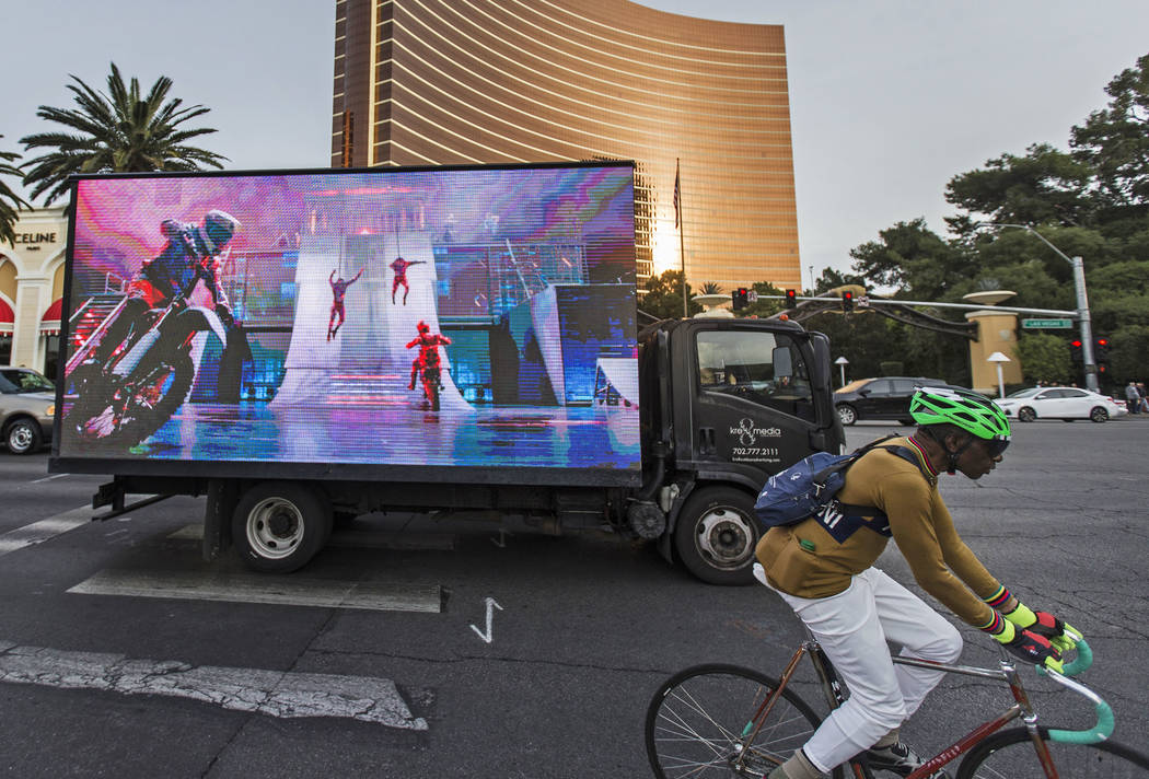 A mobile billboard truck drives on the Strip at on Saturday, Nov. 30, 2019, in Las Vegas. (Benj ...