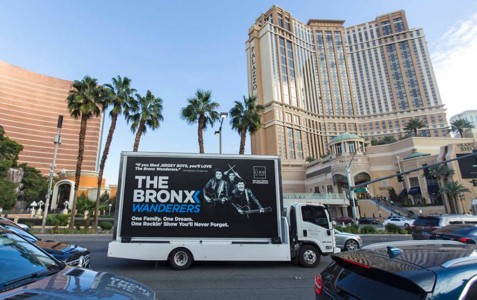 A mobile billboard truck drives on the Strip at on Saturday, Nov. 30, 2019, in Las Vegas. (Benj ...