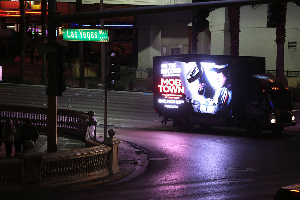 A mobile billboard on the Strip near Flamingo Road in Las Vegas, Monday, Nov. 25, 2019. (Erik V ...