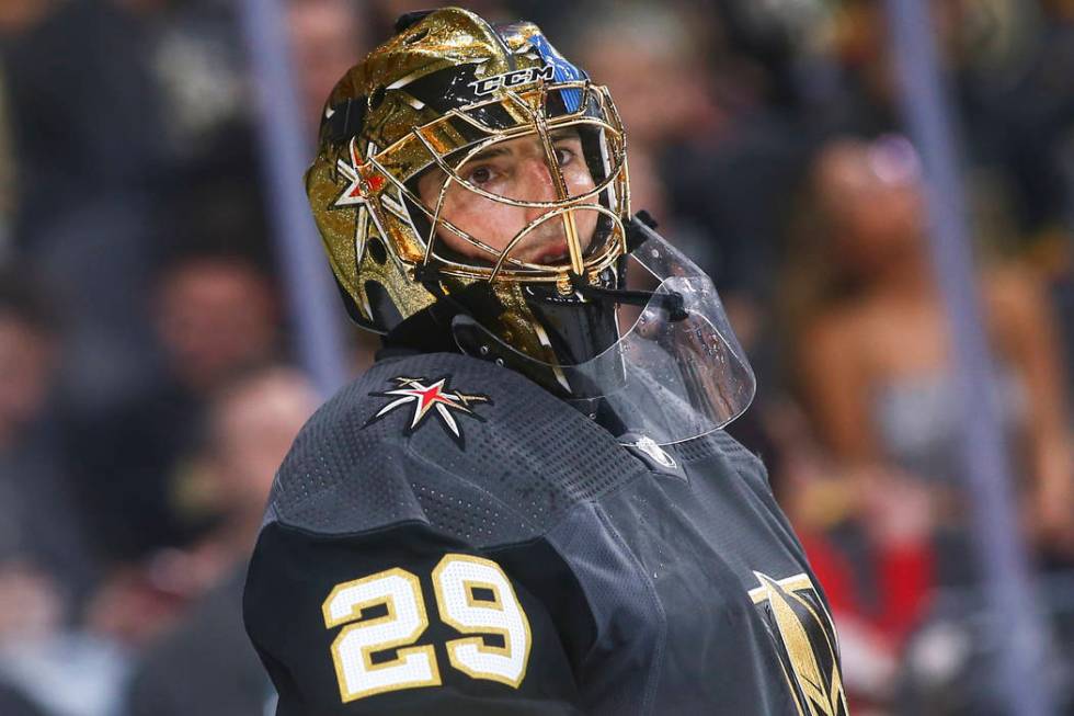 Golden Knights goaltender Marc-Andre Fleury (29) looks on during the second period of an NHL ho ...