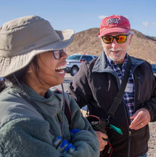 Get Outdoors Nevada volunteer coordinator Trina Franco, left, and UNLV geology Professor Steve ...