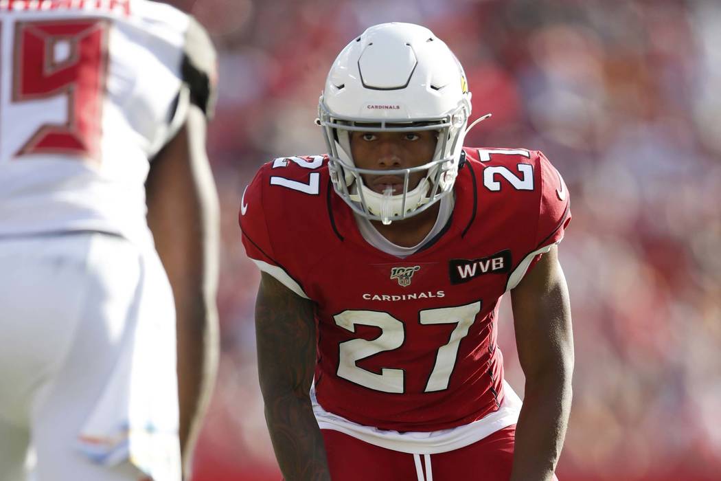 Arizona Cardinals cornerback Kevin Peterson (27) lines up against the Tampa Bay Buccaneers duri ...