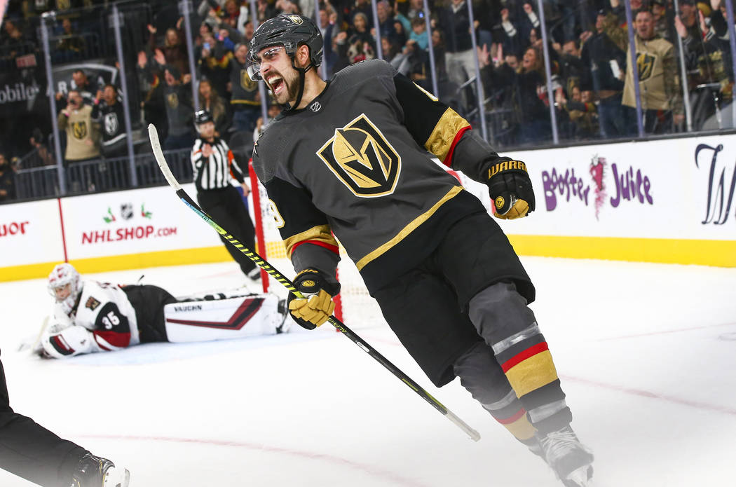 Golden Knights' Alex Tuch (89) celebrates after scoring in a shootout to win the game against t ...