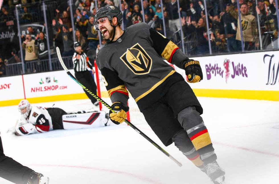 Golden Knights' Alex Tuch (89) celebrates after scoring in a shootout to win the game against t ...