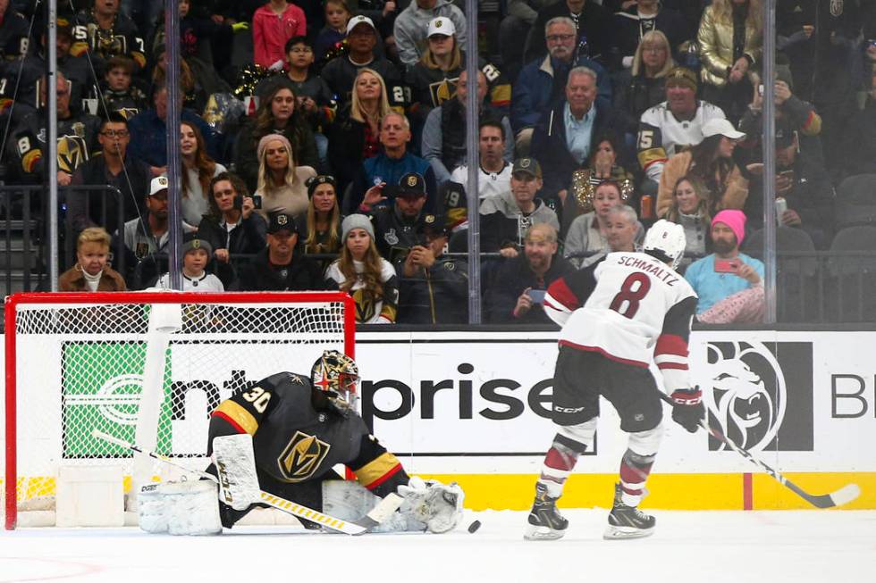 Golden Knights goaltender Malcolm Subban (30) blocks a shootout goal attempt by Arizona Coyotes ...